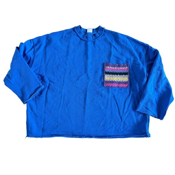 Vintage Zara Men's Medium Blue Top Crewneck Sweatshirt Knit Pocket Cutoff - Picture 1 of 11